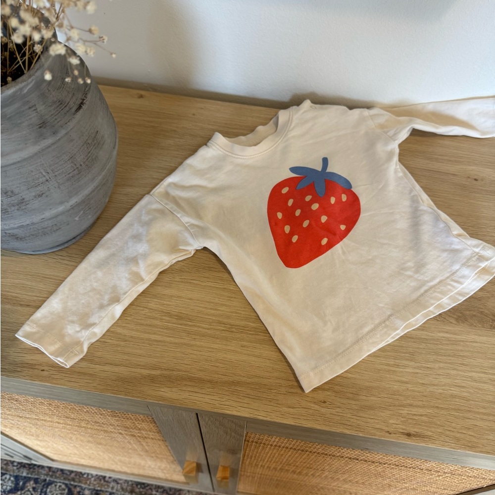 Cream Long Sleeve Kids Tee with Strawberry Print